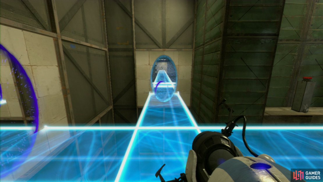 Player 1: Once you&rsquo;re standing on the light bridge, turn left and at the bottom, set a portal on both of the wall panels down here. This&rsquo;ll allow player 2 to traverse to the other side, past the force field. In preparation, stand right beside the red button, getting ready to press it.