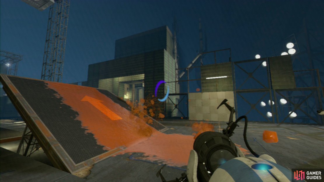Player 1: Upon entering the test chamber hang a left and then set your first portal on a wall panel directly opposite the elevated platform and then your second portal on the floor panel underneath the propulsion gel dispenser. Press the button and the propulsion gel will coat the angled platform in preparation for the next steps.  Player 2: Run up the orange runway and you&rsquo;ll zip across the gap to the other side. Once you&rsquo;re safely across, stand by the red button and start a 3, 2, 1 countdown.
