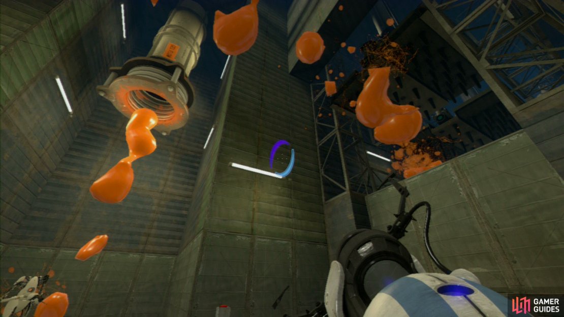 Player 1: Drop down to the lower level and set a portal on the left-hand slanted wall pane (with the &lsquo;2&rsquo; on it) and then place your next portal directly under the propulsion gel dispenser to the right. Press the button and watch as the gel coats the floor of where the metal spikes are falling.  It&rsquo;ll take a few tries to coat enough of the floor here as the spikes are constantly raising and falling (blocking your gel). Repeat the same steps with the slanted wall panel near you (labelled as &lsquo;1&rsquo;).