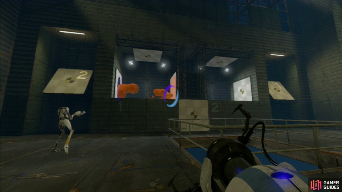 The next step is to leave the portal under the gel dispenser but place the other portal on the various wall panels on the upper ledge (including all the side panels and the roof panels). This should evenly coat the floor area of the ledges.  Player 2: Get yourself up on the left-hand ledge and set a portal on the wall behind you and the one in front of you so you create an &lsquo;infinite&rsquo; portal. Now start running and do not stop!
