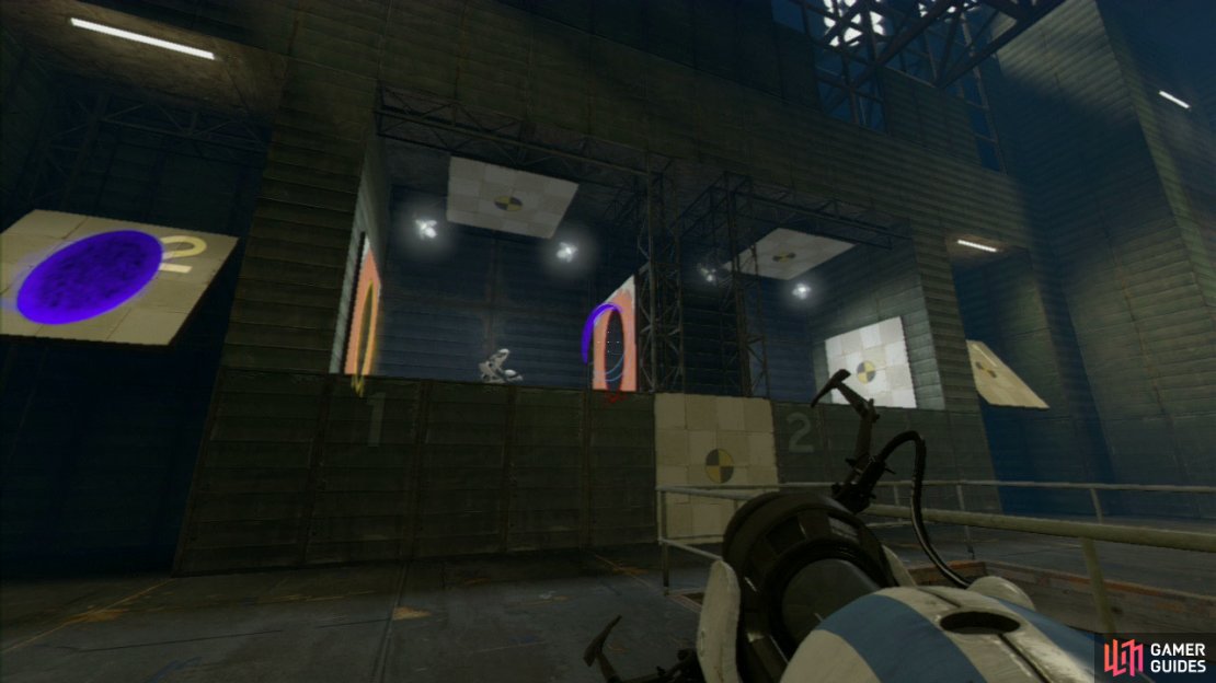 Player 1: Once player 2 has started to run in a loop, set a portal on slanted panel &lsquo;2&rsquo; and then aim your portal gun at the right-hand wall and fire off your second portal just as they pass through their own portal on the right and this will allow them to shoot through and towards the spike plates. You&rsquo;ll ideally want to listen out for the sound of them crashing down before you set your second portal off.