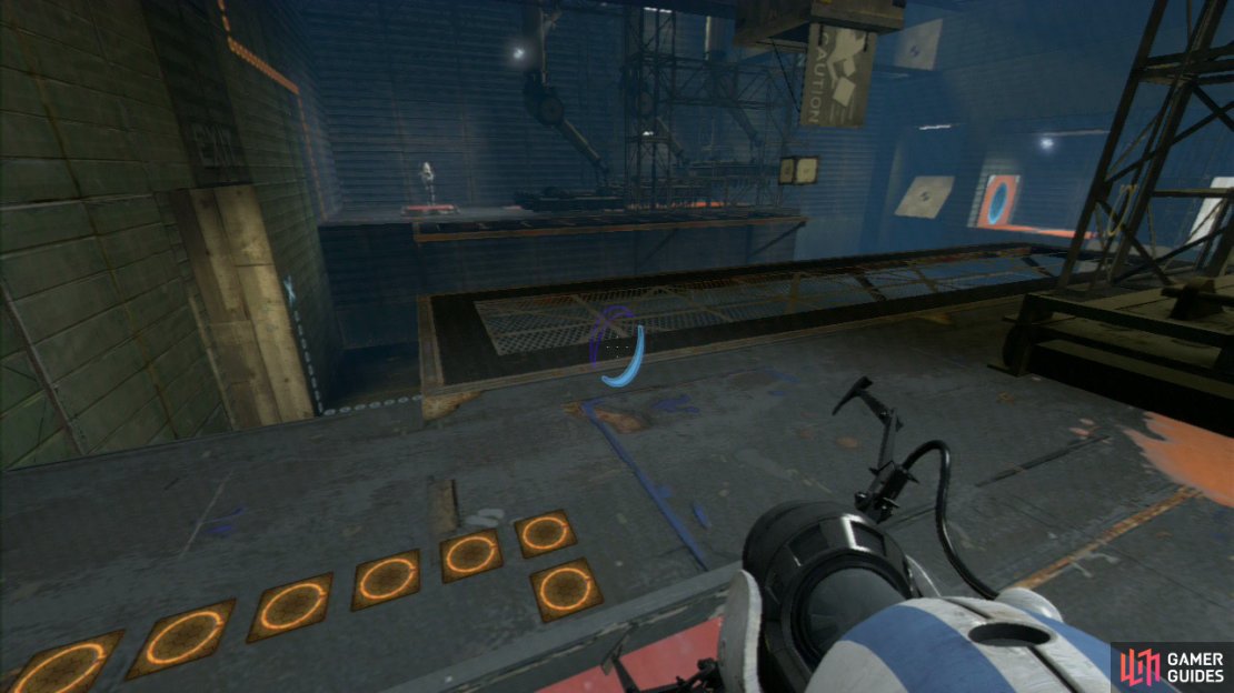 Player 2: Place a portal on slanted wall panel &lsquo;1&rsquo; and then time your shot into the right-hand wall so the spikes are just starting to rise back up again. If timed right, player 1 will soar through the air and past the spikes.  Both Players: Stand on the red switches at the same time to release the crate from the chute in the middle of the room. Pick it up, drop it in the floor lock to open up the exit to the sixth chamber.