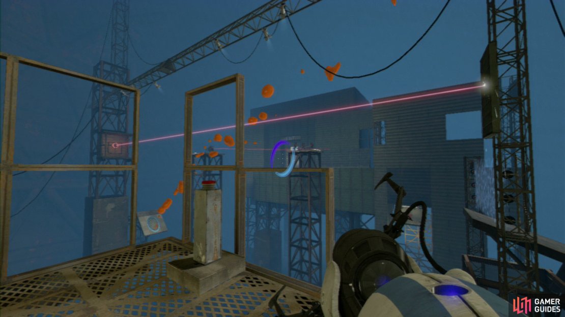 Player 1: Look for the red laser that&rsquo;s located in the distance and just south of it is a slanted wall panel, place your first portal here and then rest your second portal directly under the propulsion gel dispenser. Press the button twice and it&rsquo;ll coat the angled platform in the middle of the room.