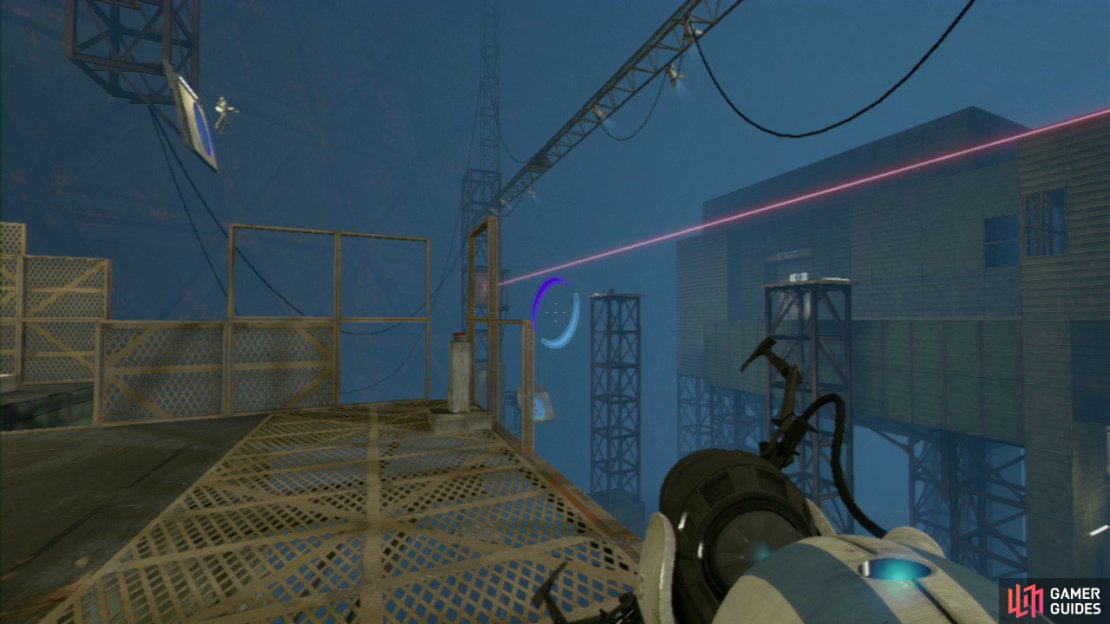 Player 1: Before player 2 descends back into the portal they came out of, place a second portal on the other square panel so your friend sails up to the laser beam again, allowing them to redirect the laser beam into the second set of turrets.  Your next task is to turn to your left and look for the angled wall panel up above you and place an exit portal here. If you&rsquo;ve timed it right (unlike me in our video), your teammate will soar across to the exit door.  Once they have, get yourself over to the long angled platform covered in the orange propulsion gel and dash across the ramp towards the angled wall panel ahead.