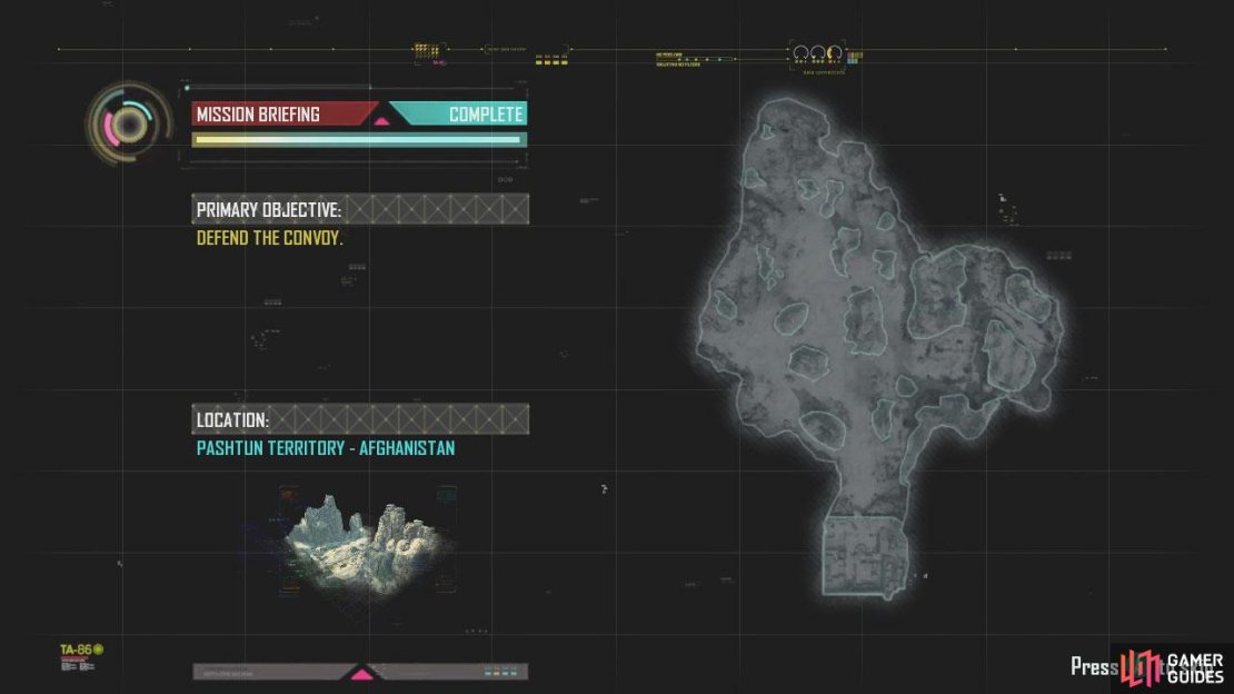 This mission is hard to write a walkthrough for as all you are doing is essentially escorting a convoy of vehicles through a barren valley type area with tonnes of anygry enemies swarming en masse to take them out. It is a top and start kind of mission as although the convoy keeps moving (even when you don&rsquo;t want it to), it will also come to a dead stop when there is an I.E.D planted on the road in front, allowing any bad guys in the area a clean shot until you dispose of the obstacle.  For the most part you will encounter an abundance of high up RPG positions, a couple of tanks and helicopters, the occasional IED in the road and several swarms of horse riding enemies.  I would recommend using the tactical vision throughout the entire strike force mission, at least on your first try. Focus on the RPG positions high up in the rocks on either side of route the convoy is taking and us your hover drones to take them down as soon as you see them. Clear the IEDs out of the path ASAP to prevent the convoy from stopping with the ASDs and keep an eye on your kinetic projectile weapon (KPW) missile strike - its very useful to have ready to go!  For the tanks, the KPW missile strike is a must and for the horseback riders I would recommend using the ASD security bots to take them out. When the helicopters appear, they should be taken downprimarily by the hover drones.If there are at any time additional resources available (however infrequent that may be) focus their fire on your target of choice.  Once you have escorted the vehicles through the valey and below the bridges, they will continue beneath a rock formation to safety and a short scene will play to indicate completion of the mission.