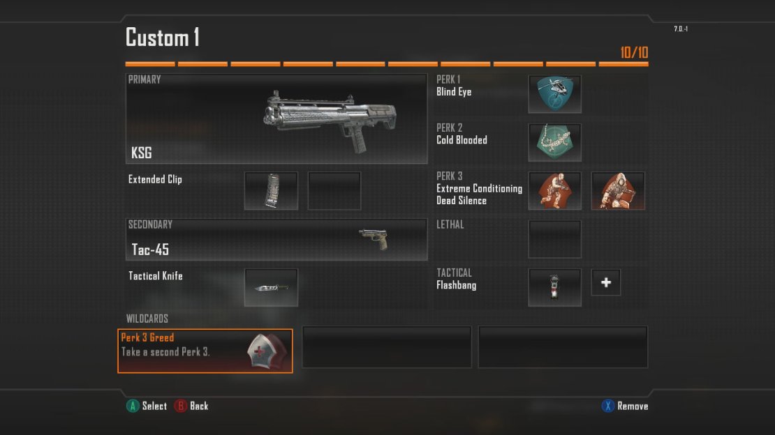 Primary Weapon > Vektor K10 (SMG) OR KSG (Shotgun)  Primary Attachment > Extended Clip  Secondary Weapon > Your Choice!  Secondary Attachment -> None.  Lethal > Grenade OR Semtex  Tactical > Flashbang  Perk 1 > Lightweight  Perk 2 > Toughness  Perk 3 > Dead Silence + Extreme Conditioning  Wildcard > Perk 3 Greed   Note 1: The shotgun/SMG listed are my favorites, but any one will do!  Note 2: This set up is perfect for sprinting through various areas to get in close and then unleasing the SMG/shotgun on enemy players. The grenades and flashbangs will help you out if you get in a tight spot, whilst the perks ensure you move silently, run for longer and can take a hit or two without flinching.