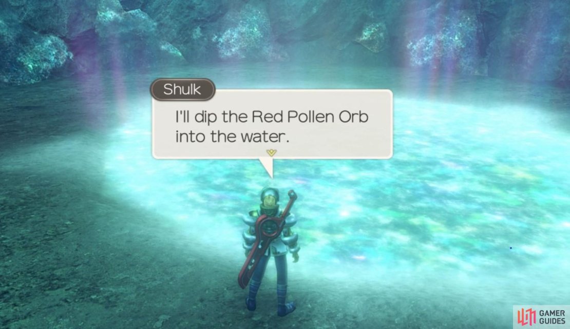 Press &lsquo;A&rsquo; to dip the Red Pollen Orb into the Shining Pond.