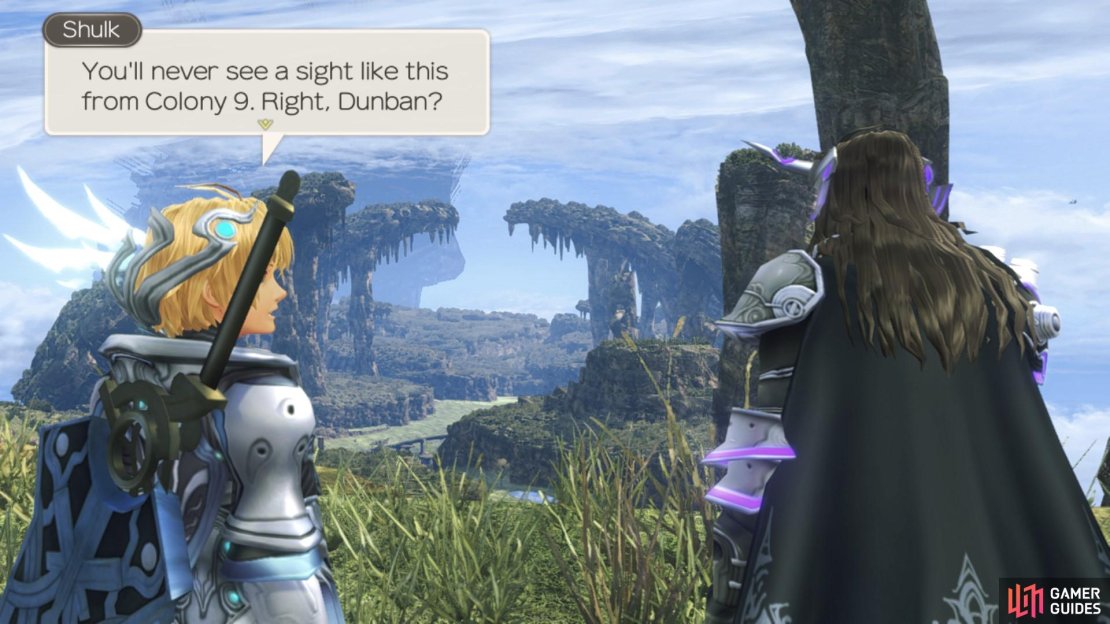 Shulk and Dunban discuss the geography of the Bionis&rsquo; Leg.