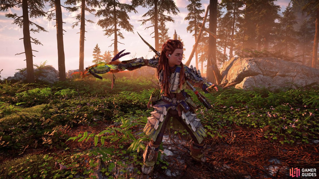 Aloy tests out her new Sunhawk Shredder Gauntlet .