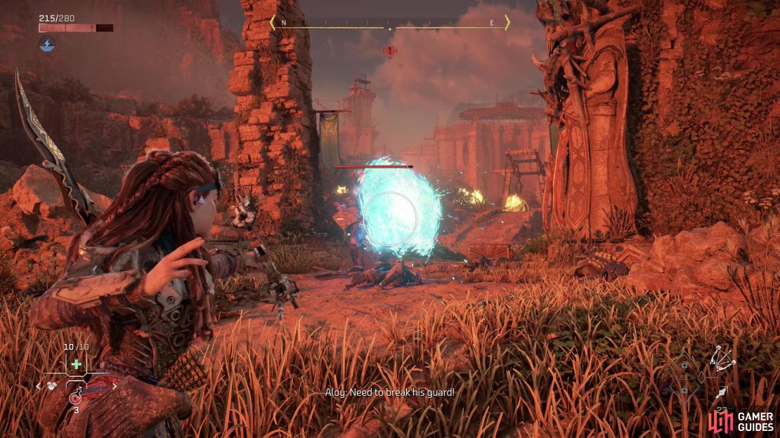 Fast, indiscriminate shots from a Warrior Bow can quickly whittle down Grudda&rsquo;s shield.