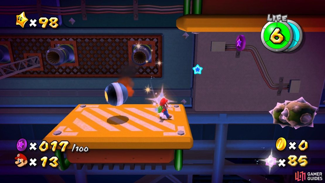 After grabbing the first 17 Purple Coins, you&rsquo;ll need to jump up onto an upside down platform.