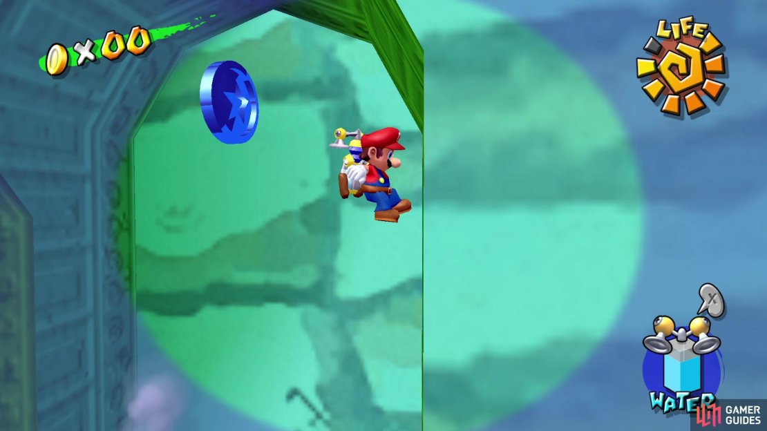 Spray the wall and then jump into the alcove for Blue Coin #1