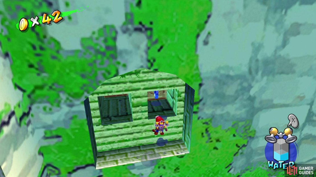 Hover to the right alcove and spray the top right block for Coin #22