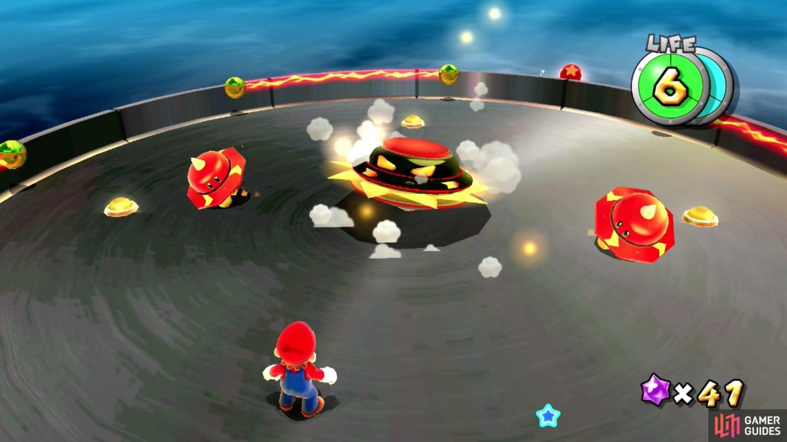 Touching Topmaniac&rsquo;s blades will inflict damage on Mario so jump on him to make him retract them.