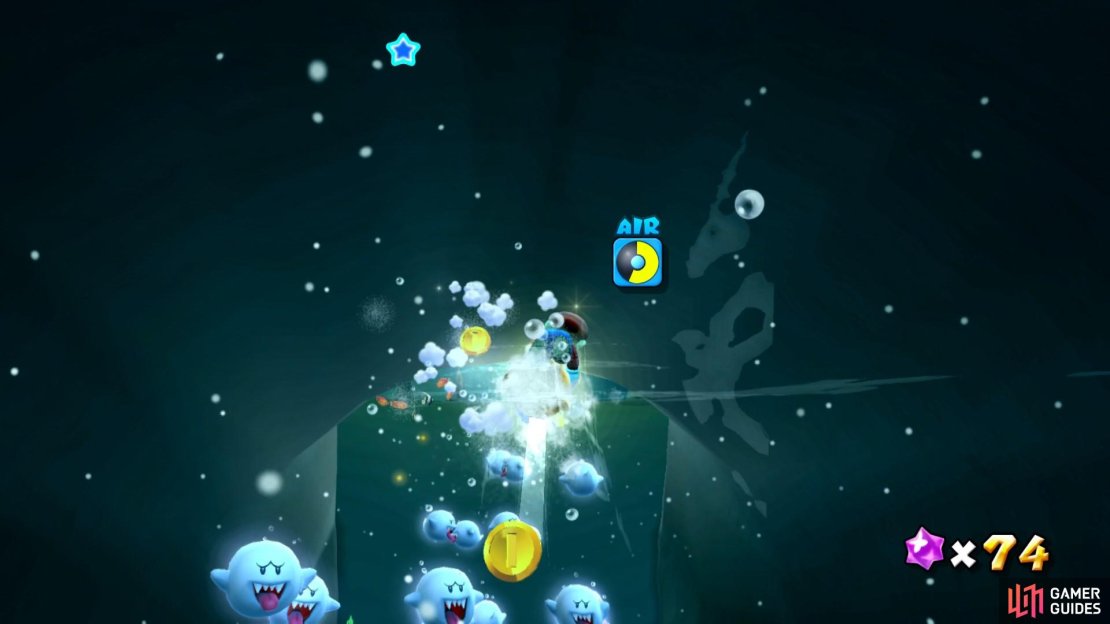 There are lots of Boos in this level, but fear not! Your golden shell acts as a spotlight that will send them away.