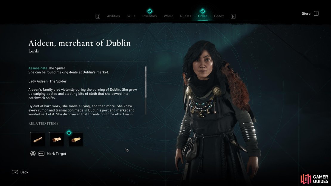 Once you&rsquo;ve picked up the clue from the bench, The Spider will be revealed as Aideen, merchant of Dublin.