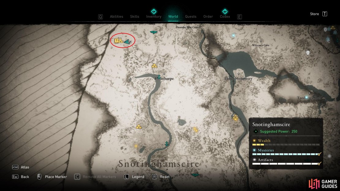 The location of Odin Mine Hideout. You&rsquo;ll need to approach from the east, as shown here, to find the entrance.
