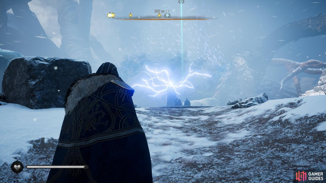 Approach the Jotnar on the cliff to begin the mystery.