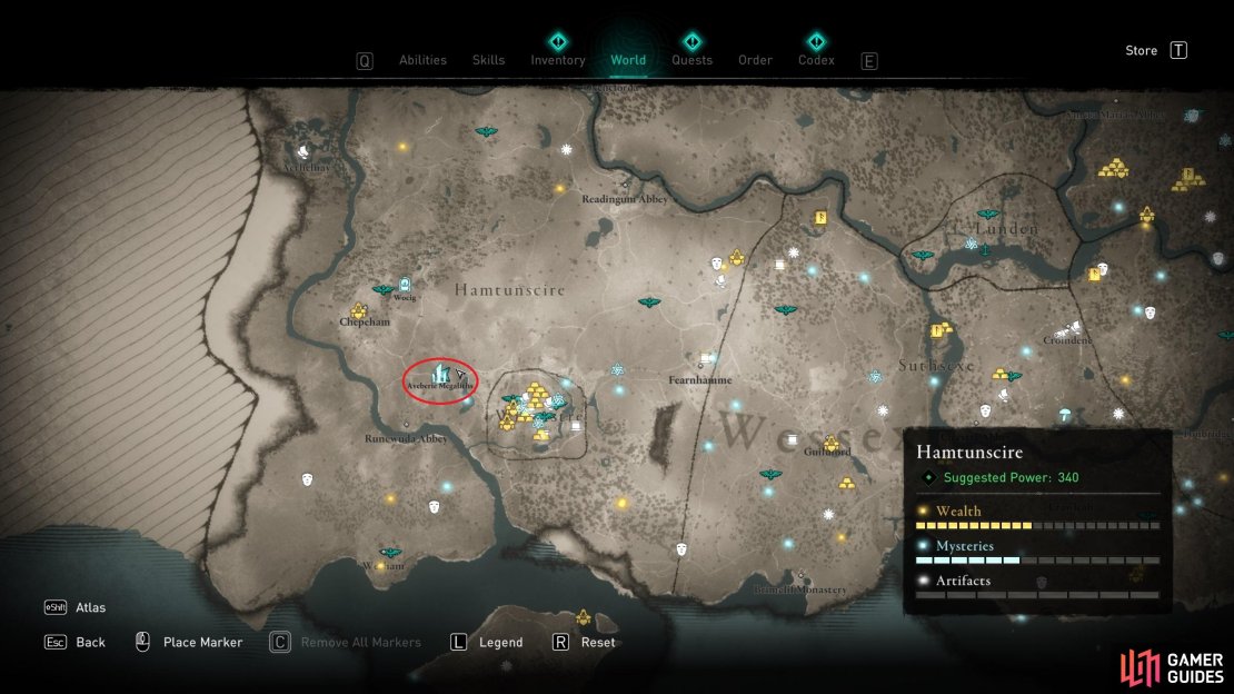 The location of the Aveberie Megaliths mystery, near the centre of Hamtunscire, just northwest of Wincestre.