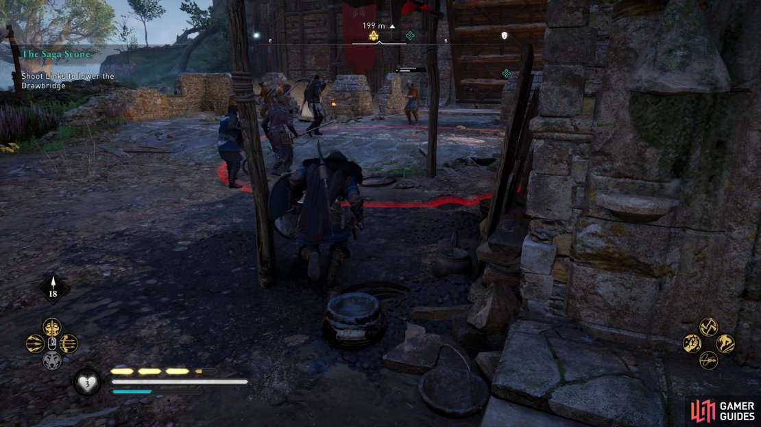 Avoid arrow volleys marked by red circles as you approach the drawbridge.