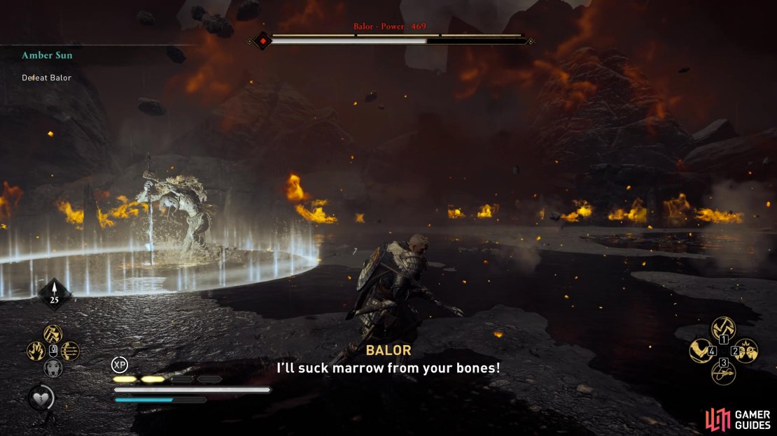 Balor will leap into the air and slam his weapon on the ground before performing the circular attack.