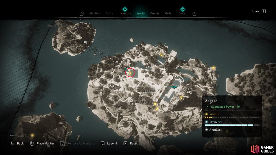 The location of Ymir&rsquo;s Tear Stone 5, beneath the rainbow bridge, Bifrost.