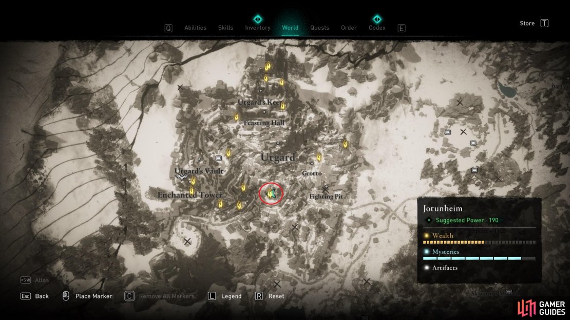 The location of Ymir&rsquo;s Blood Stone 19, within Suttungr&rsquo;s Hall, in central Utgard.