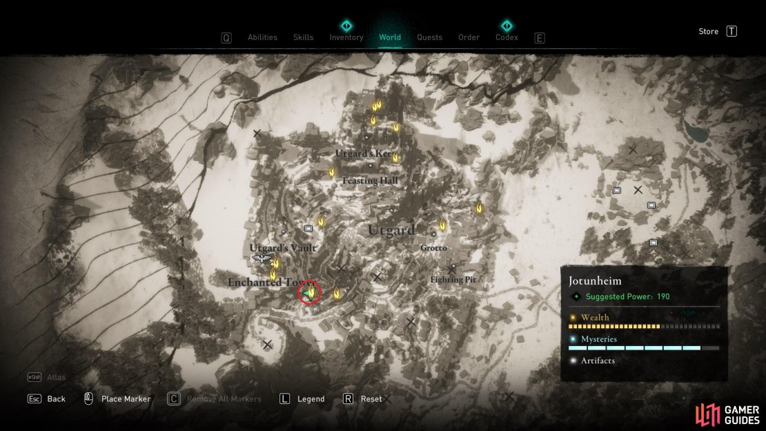 The location of  Ymir&rsquo;s Blood Stone 21, east of the Enchanted Tower.