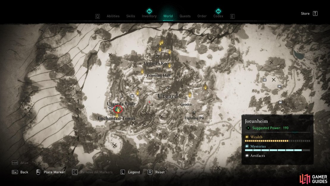 The location of Ymir&rsquo;s Blood Stone 23, at the top of the Enchanted Tower in western Utgard.