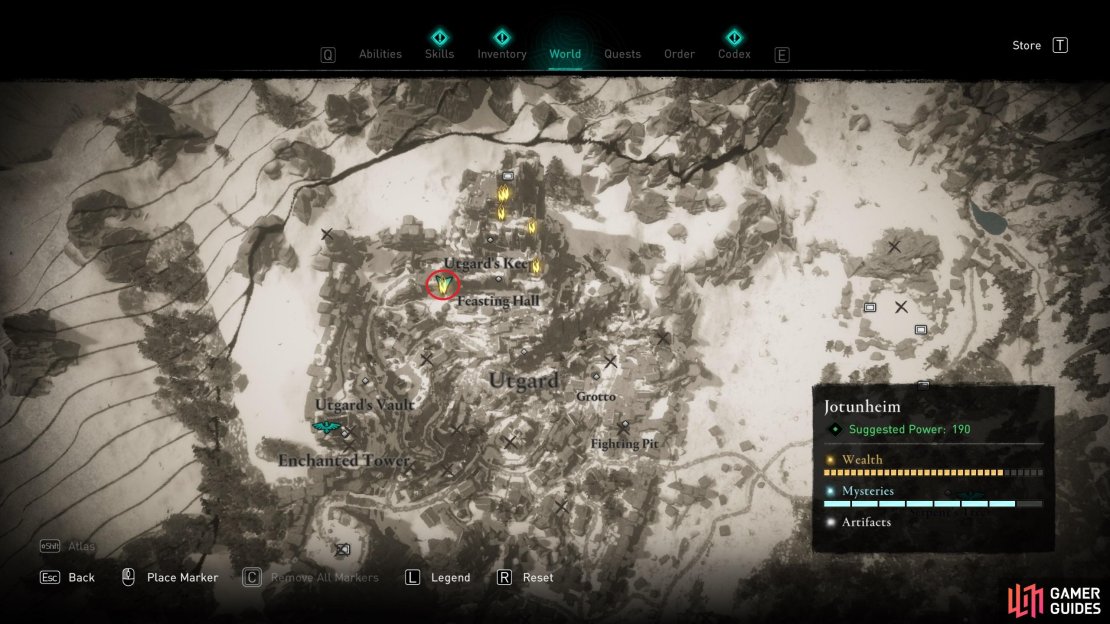 The location of Ymir&rsquo;s Blood Stone 28, west of the Feasting Hall.