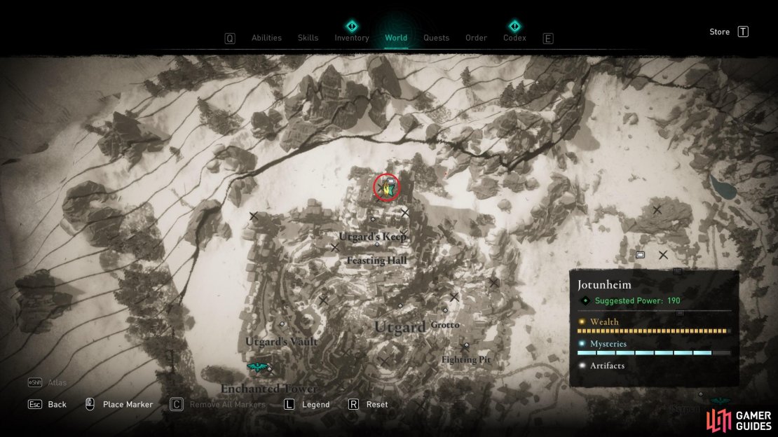 The location of Ymir&rsquo;s Blood Stone 33, at the top of Utgard&rsquo;s Keep.