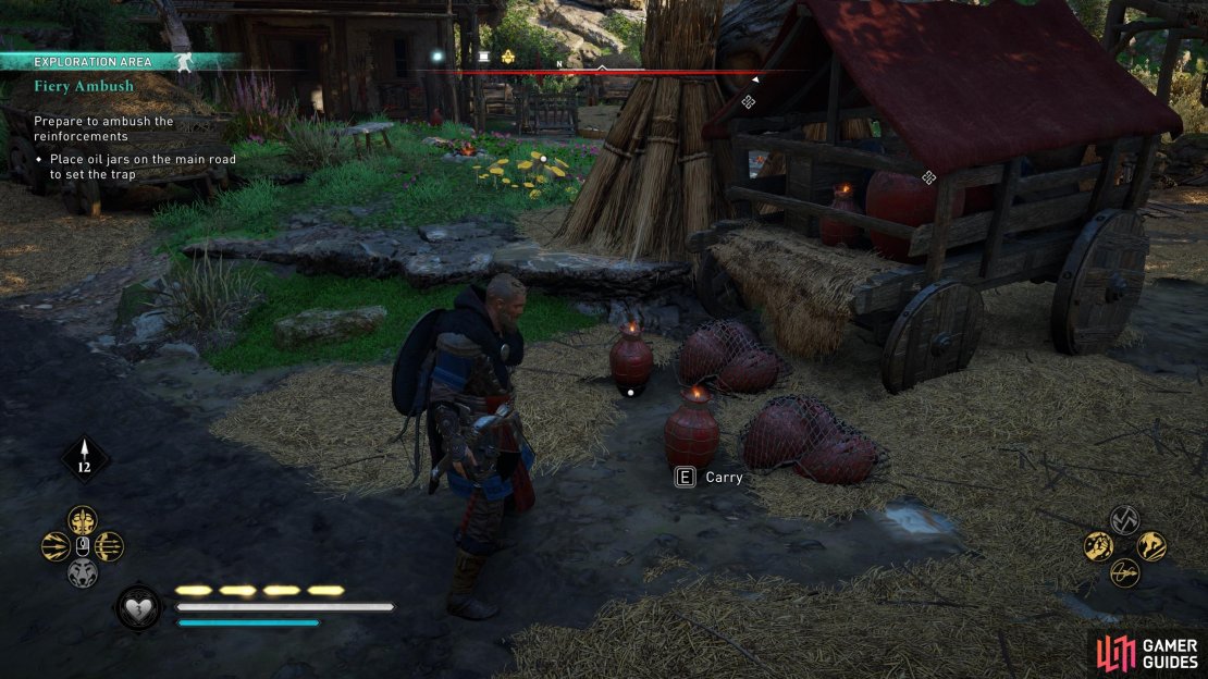 Carry the fire pots and arrange them along the road, ready to spring the trap.