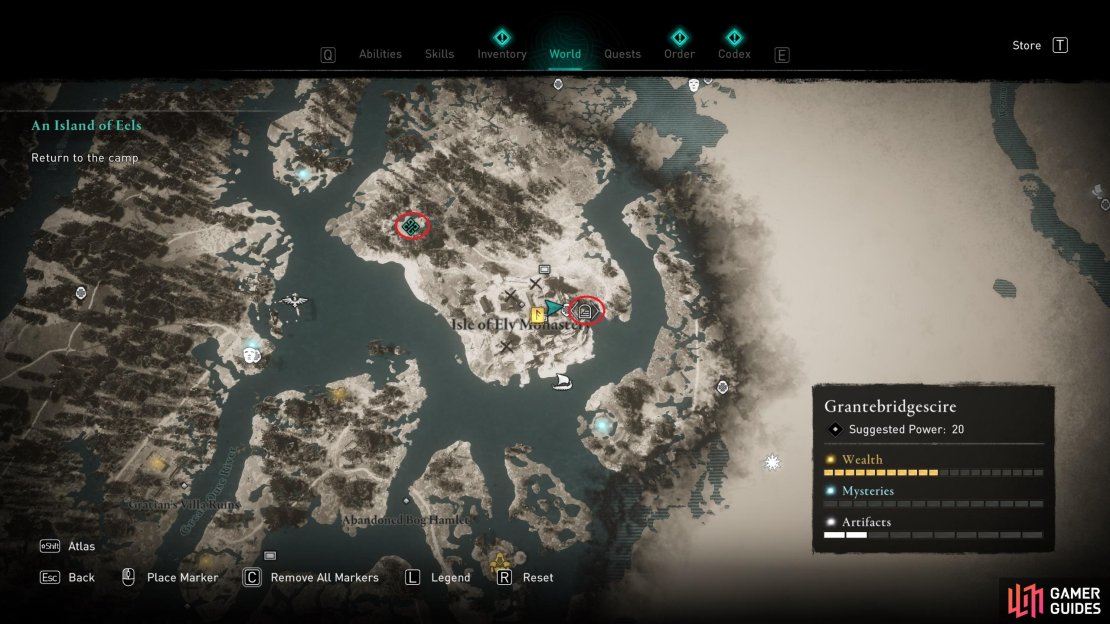 The location of the camp (northwest) and the entrance to the secret passage (southeast)
