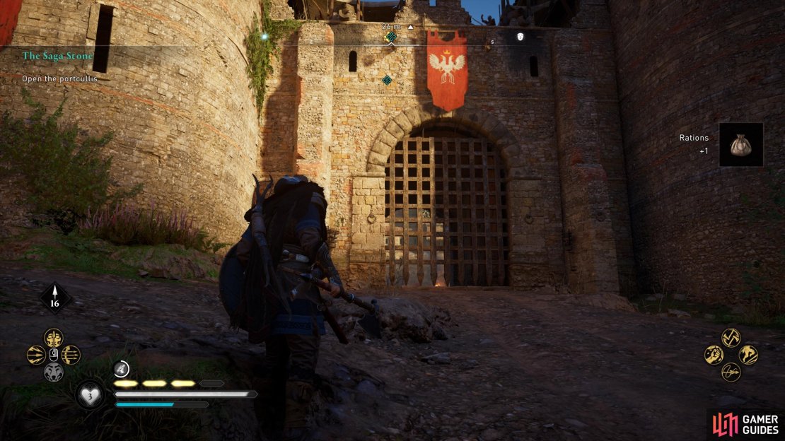 Climb the walls beside the portcullis to get inside.