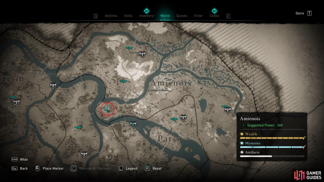 The location of the cursed symbol in Amienois, southwest of Compendium. 