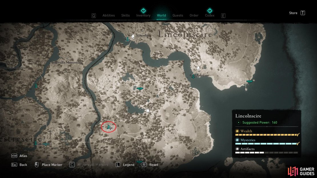 The location of the cursed area located southwest of Whisby.