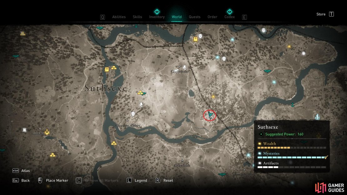The location of the cursed area in the east of Suthsexe, southeast of Croindene.