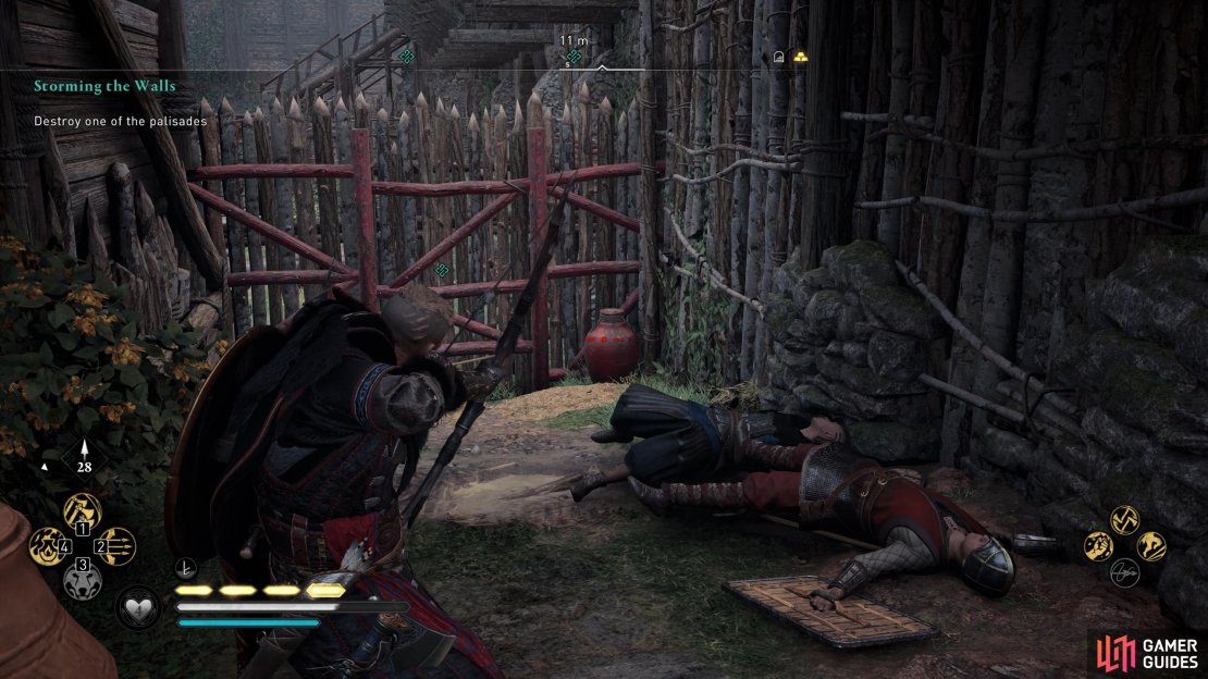 Shoot the fire pot at the southern palisade to reach the portcullis.