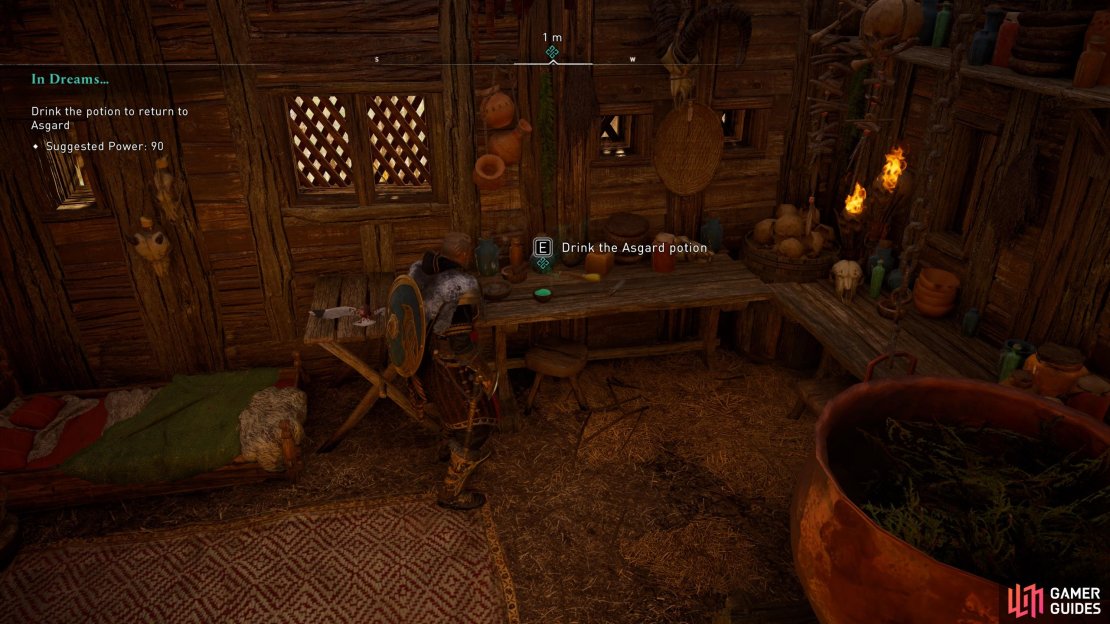 Drink the potion in Valka&rsquo;s hut to travel back to Asgard.