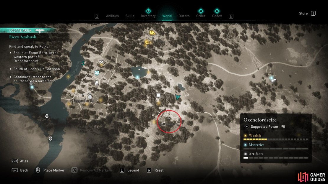 The location of Eatun Barn, south of Leah Villa Garrison, or east of Oxeneforda.