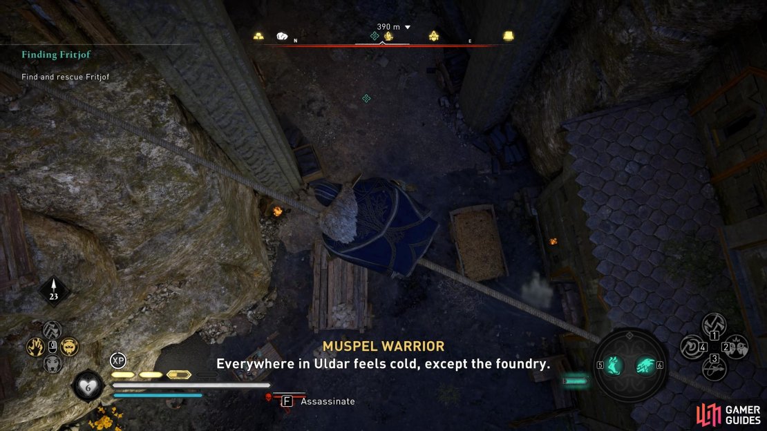 Jump into the haystack and wait for guards to pass to enter the Foundry unseen.