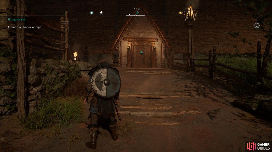 Enter the longhouse to begin the dinner with Oswald.