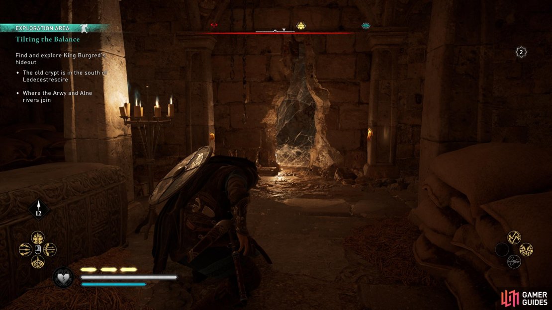 Go through the hole in the wall on the western side of the main room in the crypt, leading you to Burgred.