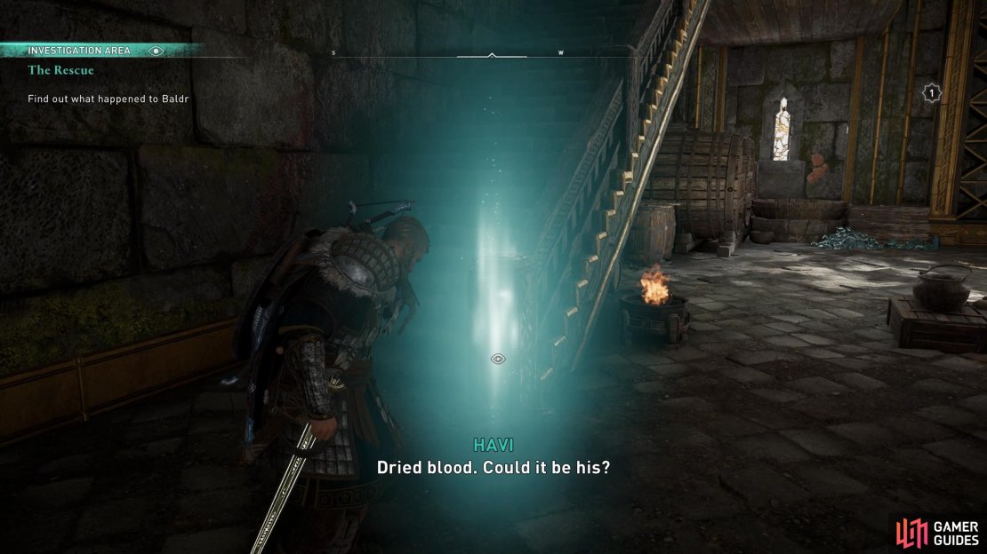Use Odin&rsquo;s Sight to find the blood at the bottom of the stairs.