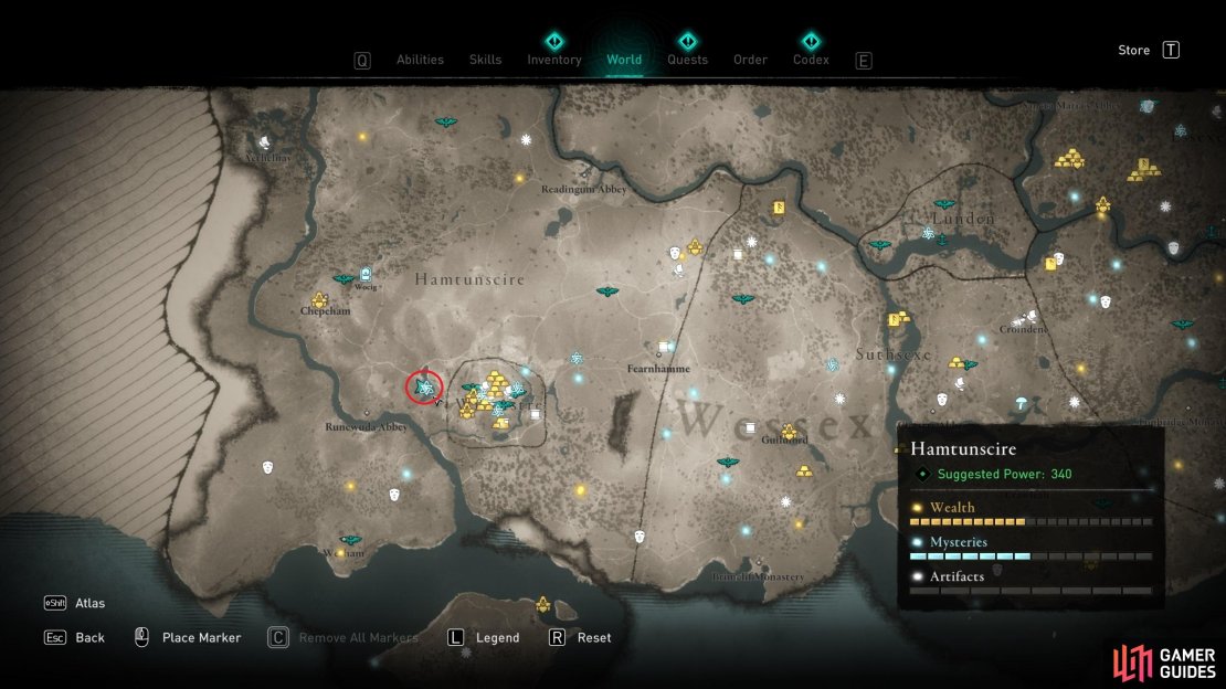The location of the mystery near the centre of Hamtunscire, just northwest of Wincestre.