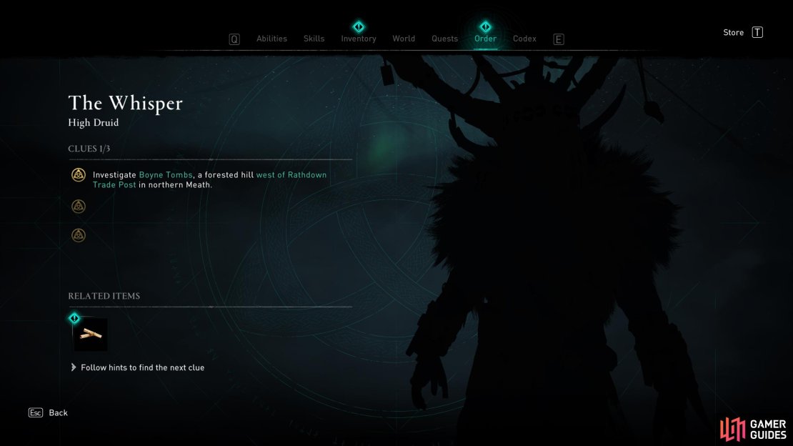 The first clue can be viewed from the Children of Danu Order menu, leading you to Boyne Tombs.
