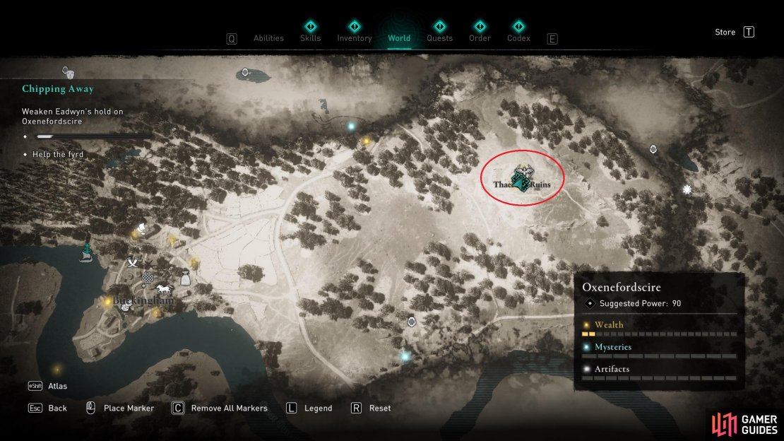 The location of the Thaerelea Ruins, northeast of Buckingham.