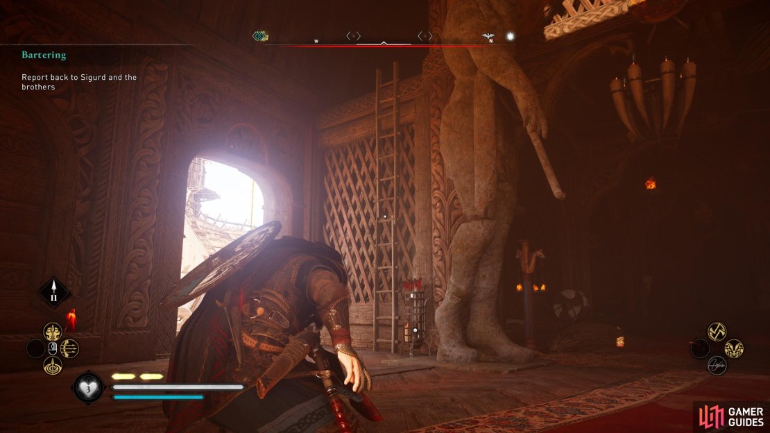Head up the first ladder to the second level of the longhouse.
