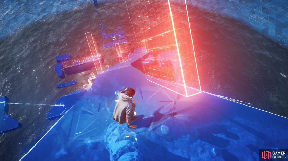 On the first slope, slide down between the stationary red blocks.