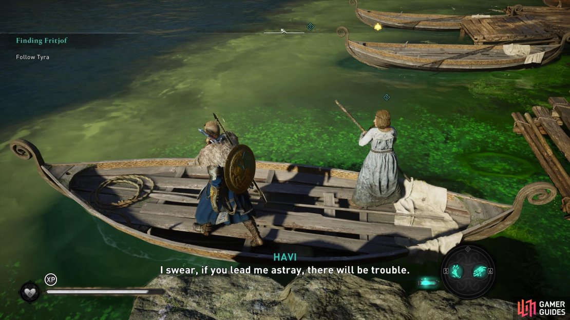 Follow Tyra to the boat and wait for her to row you over the other side of the river.